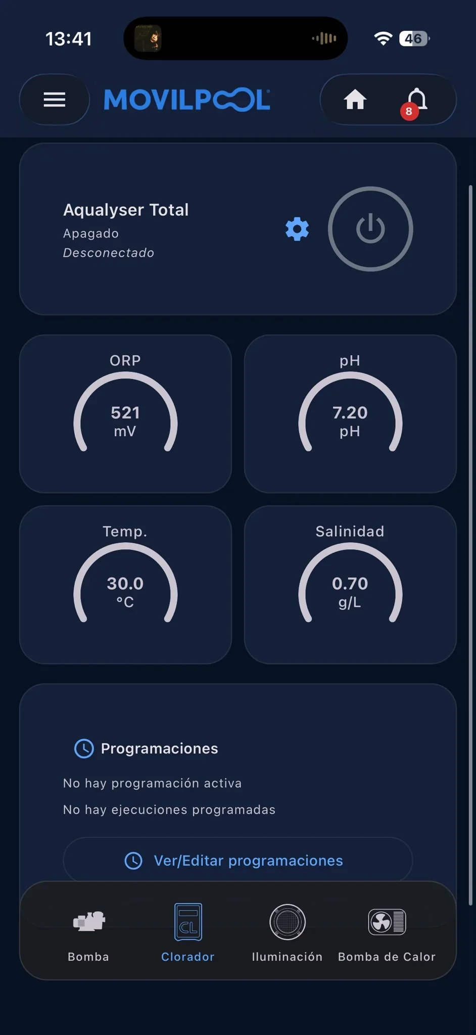 Pantalla del clorador en la app MOVILPOOL con ORP, pH, temperatura y salinidad
