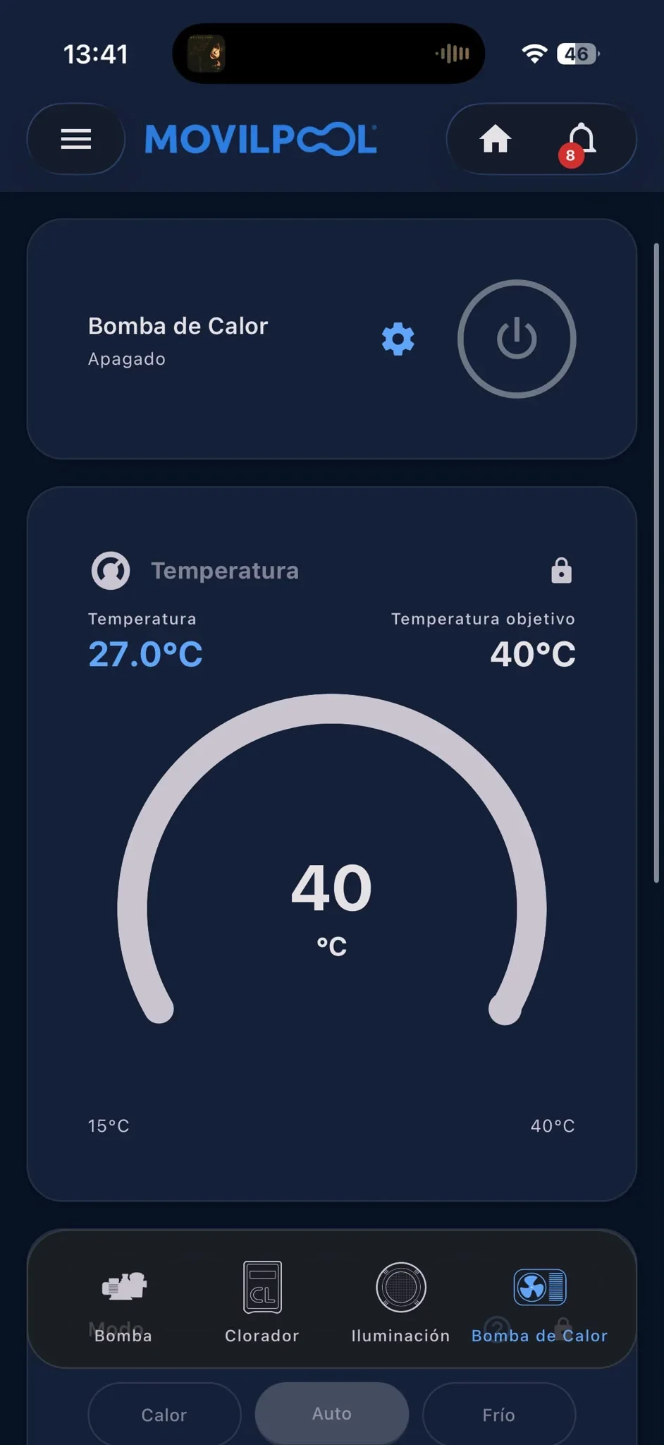 Pantalla de la bomba de calor en la app MOVILPOOL con la temperatura