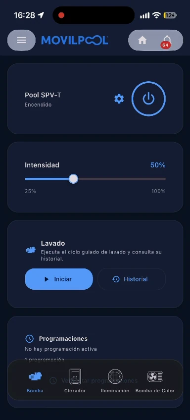 Pantalla de la bomba de filtración en la app MOVILPOOL