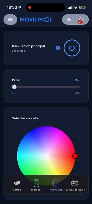 Pantalla de iluminación de la app MOVILPOOL con brillo y selector de color