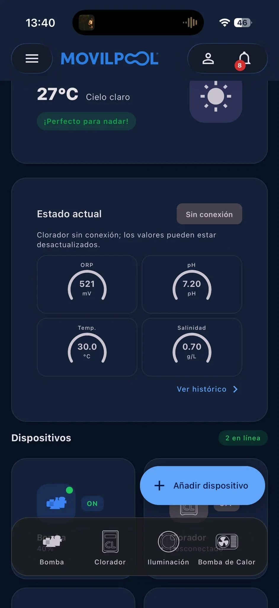 Pantalla de inicio de la app MOVILPOOL con el tiempo, el estado actual del agua y los dispositivos