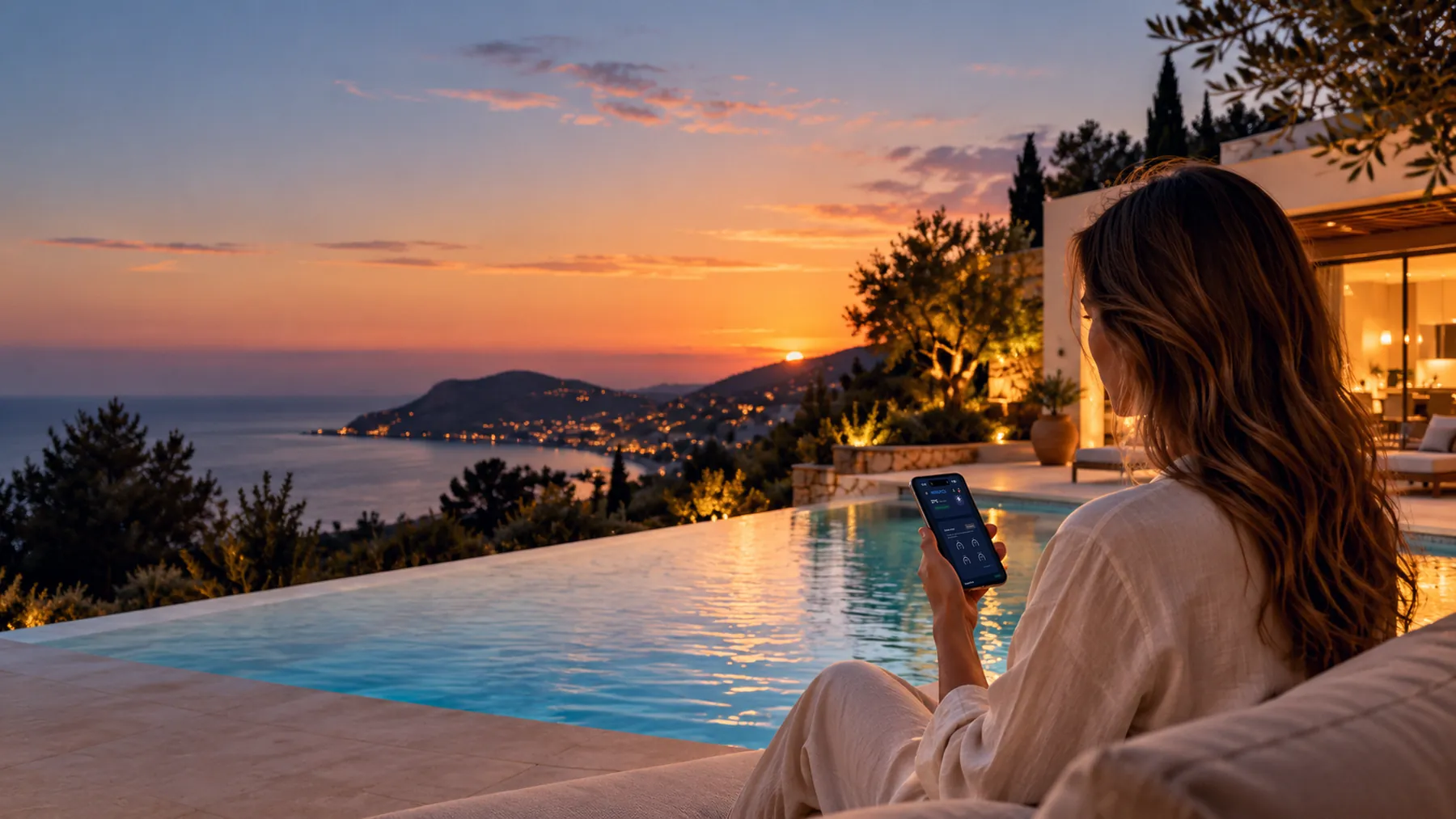 Persona consultando la app MOVILPOOL en el móvil junto a una piscina al atardecer